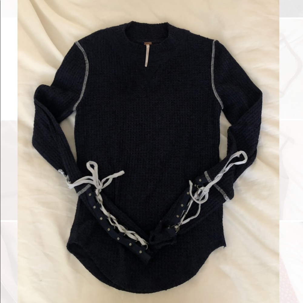 Free People Lace Cuff Mock Neck Thermal Top XS